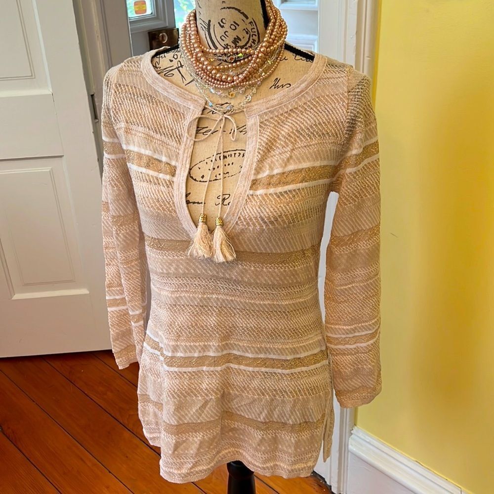 WHBM Sz S Semi Sheer Ivory & Gold V neck Tassel Sweater